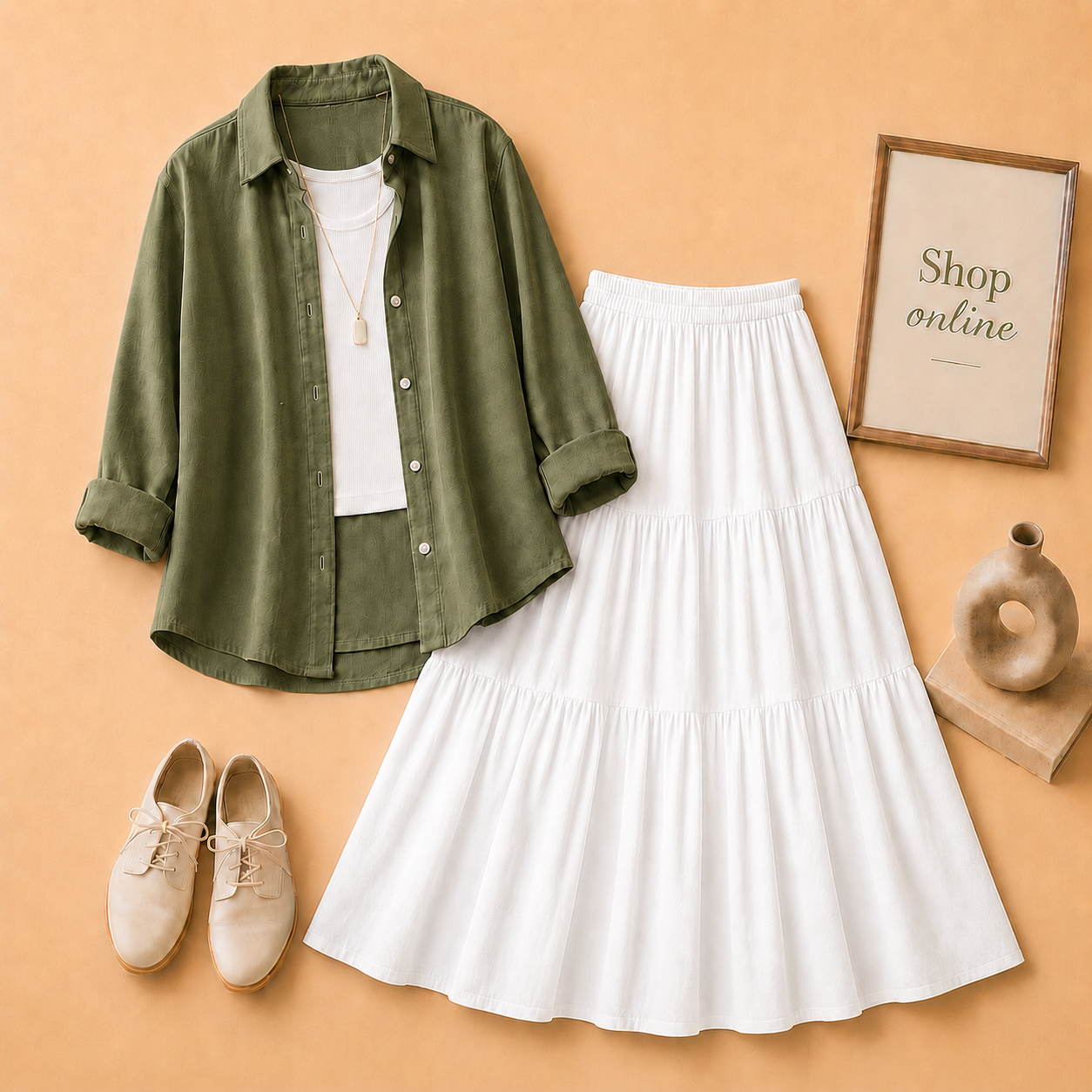 OLIVE GREEN BUTTON DOWN, WHITE TANK TOP AND WHITE 3 TIER TWILL LONG SKIRT