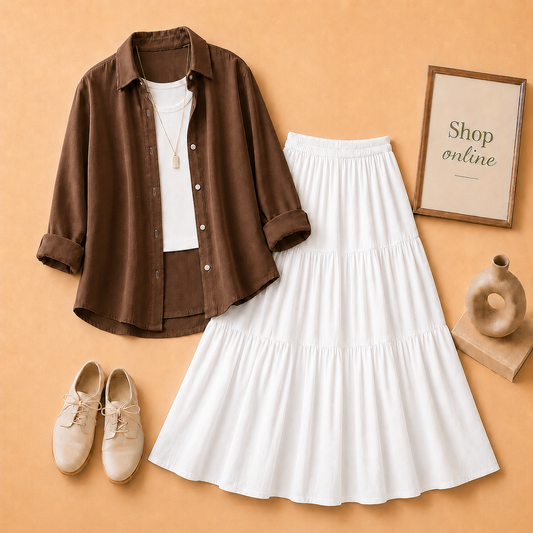 DARK BROWN BUTTON DOWN, WHITE TANK TOP AND WHITE 3 TIER TWILL LONG SKIRT