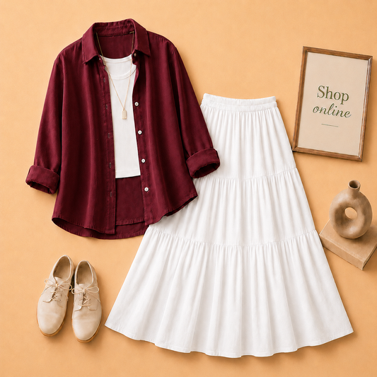 MAROON BUTTON DOWN, WHITE TANK TOP AND WHITE 3 TIER TWILL LONG SKIRT