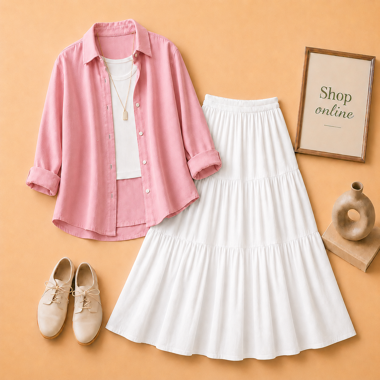 PINK BUTTON DOWN, WHITE TANK TOP AND WHITE 3 TIER TWILL LONG SKIRT