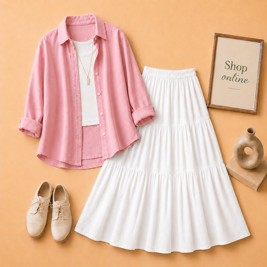 PINK BUTTON DOWN, WHITE TANK TOP AND WHITE 3 TIER TWILL LONG SKIRT