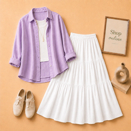 LILAC BUTTON DOWN, WHITE TANK TOP AND WHITE 3 TIER TWILL LONG SKIRT