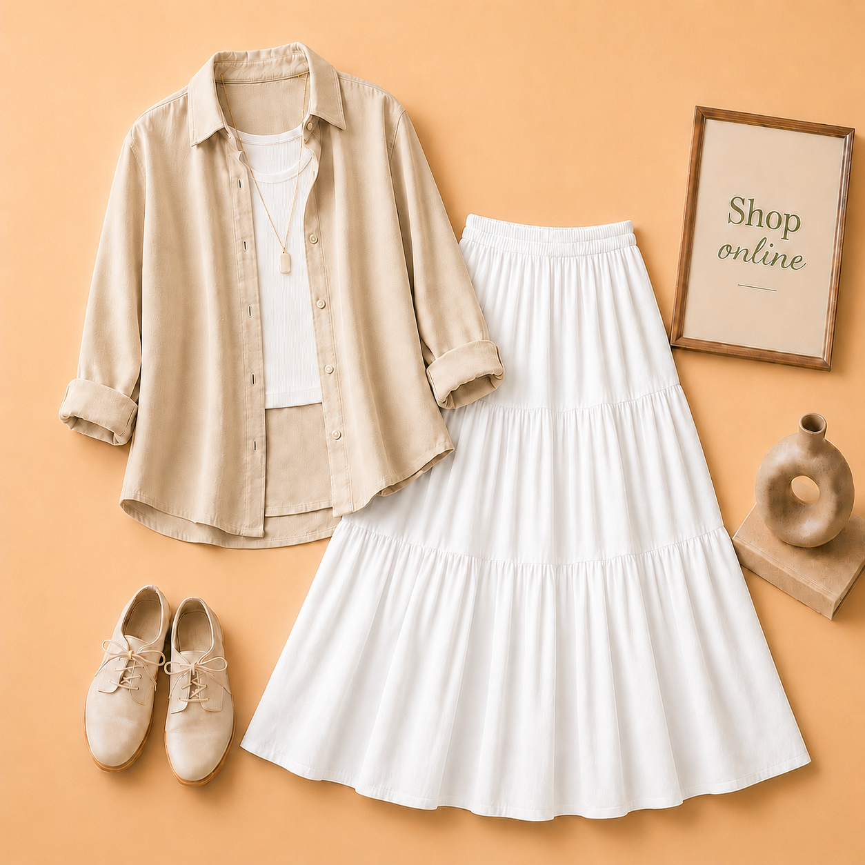 BEIGE BUTTON DOWN, WHITE TANK TOP AND WHITE 3 TIER TWILL LONG SKIRT