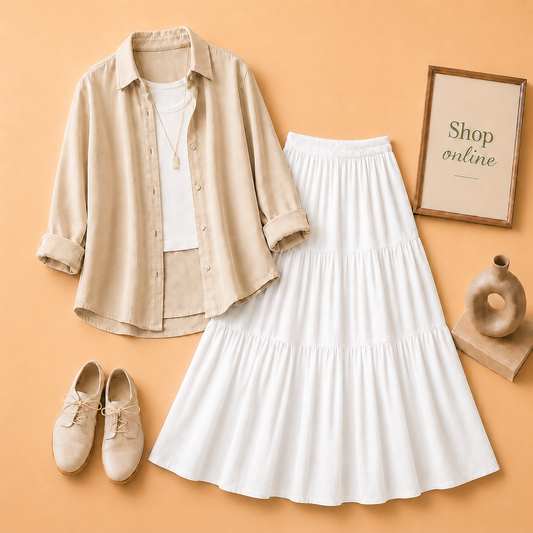 BEIGE BUTTON DOWN, WHITE TANK TOP AND WHITE 3 TIER TWILL LONG SKIRT