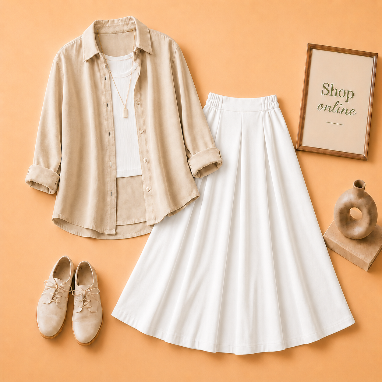 BEIGE BUTTON DOWN, WHITE TANK TOP AND WHITE PLAIN TWILL LONG SKIRT