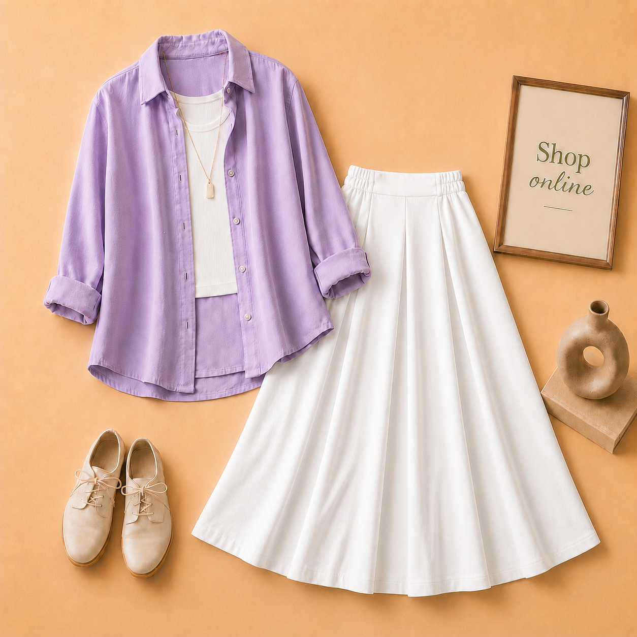 LILAC BUTTON DOWN, WHITE TANK TOP AND WHITE PLAIN TWILL LONG SKIRT