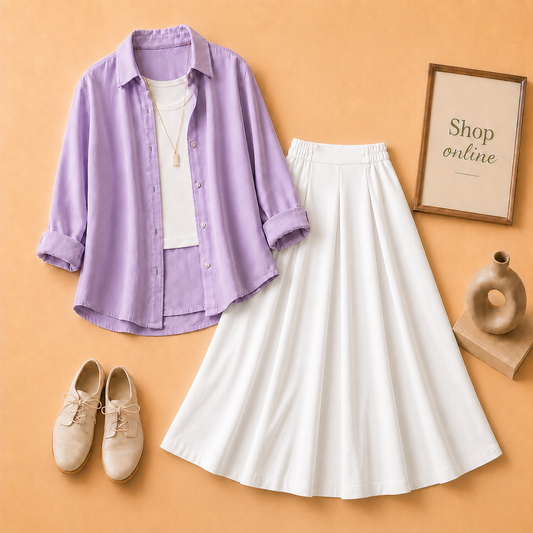 LILAC BUTTON DOWN, WHITE TANK TOP AND WHITE PLAIN TWILL LONG SKIRT
