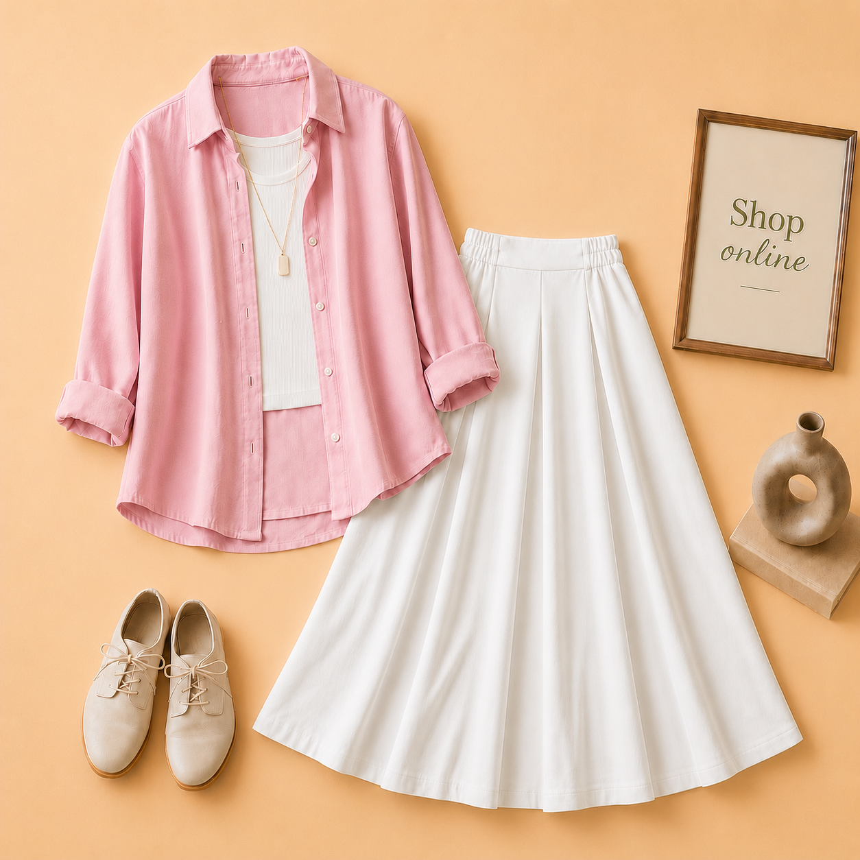 PINK BUTTON DOWN, WHITE TANK TOP AND WHITE 3 TIER TWILL LONG SKIRT