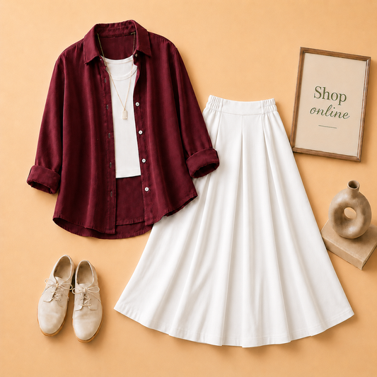 MAROON BUTTON DOWN, WHITE TANK TOP AND WHITE PLAIN TWILL LONG SKIRT