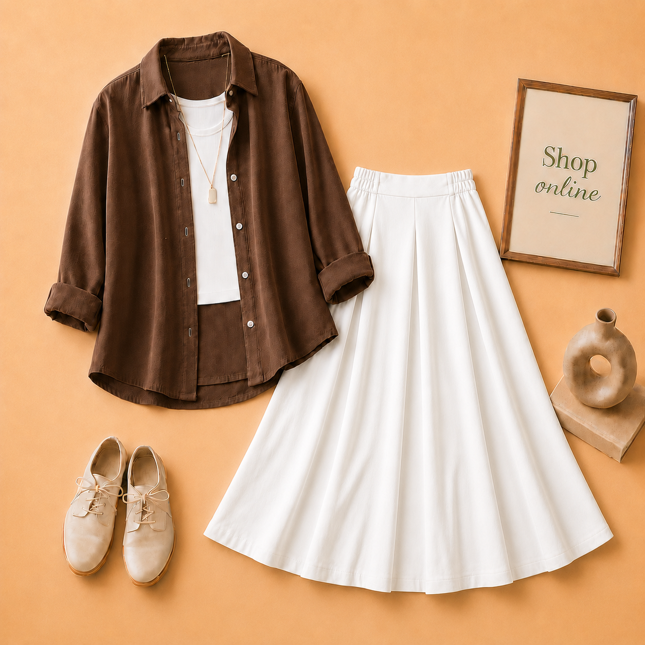 DARK BROWN BUTTON DOWN, WHITE TANK TOP AND WHITE PLAIN TWILL LONG SKIRT