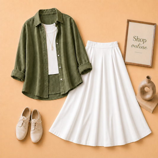 OLIVE GREEN BUTTON DOWN, WHITE TANK TOP AND WHITE PLAIN TWILL LONG SKIRT