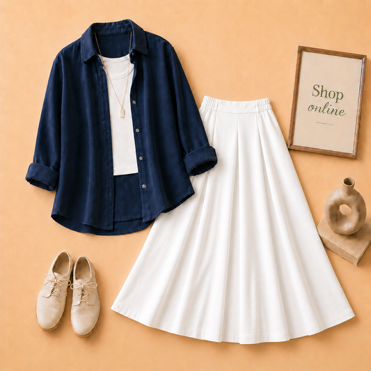 NAVYBLUE BUTTON DOWN, WHITE TANK TOP AND WHITE PLAIN TWILL LONG SKIRT