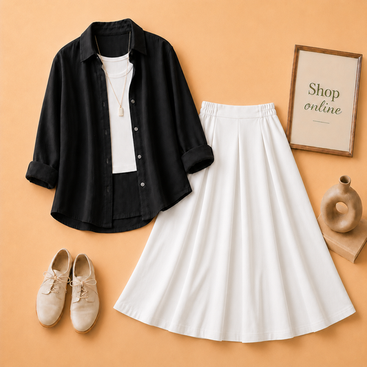 BLACK BUTTON DOWN, WHITE TANK TOP AND WHITE PLAIN TWILL LONG SKIRT