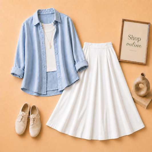 SKYBLUE BUTTON DOWN, WHITE TANK TOP AND WHITE PLAIN TWILL LONG SKIRT