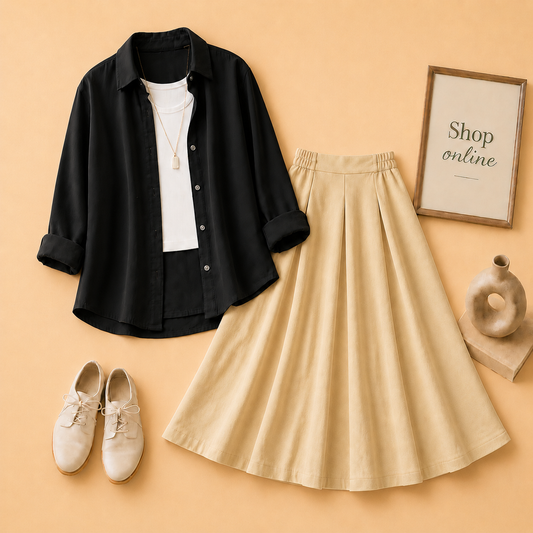 BLACK BUTTON DOWN, WHITE TANK TOP AND BEIGE PLAIN TWILL LONG SKIRT