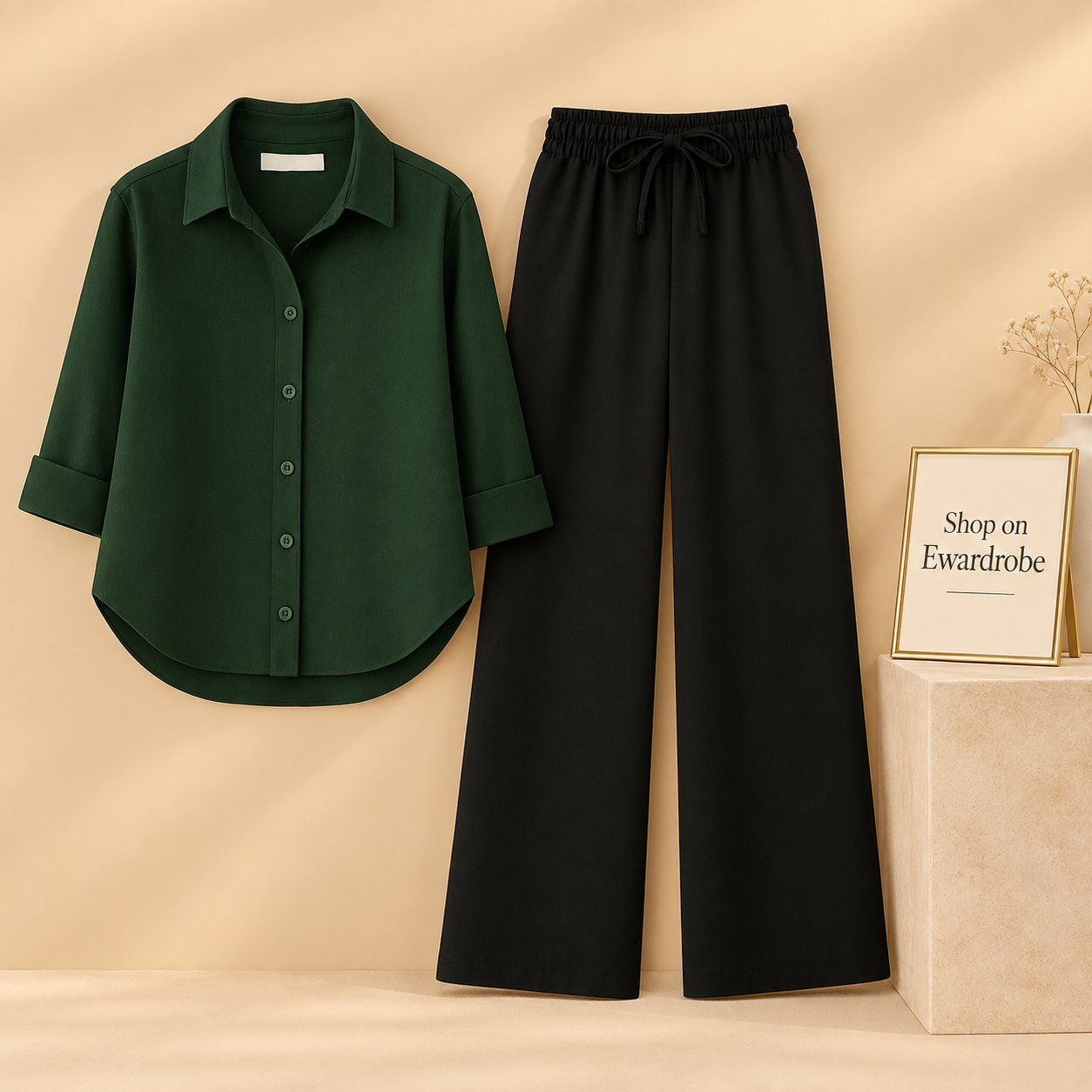 Bottle Green Button Down Shirt With Black Flapper