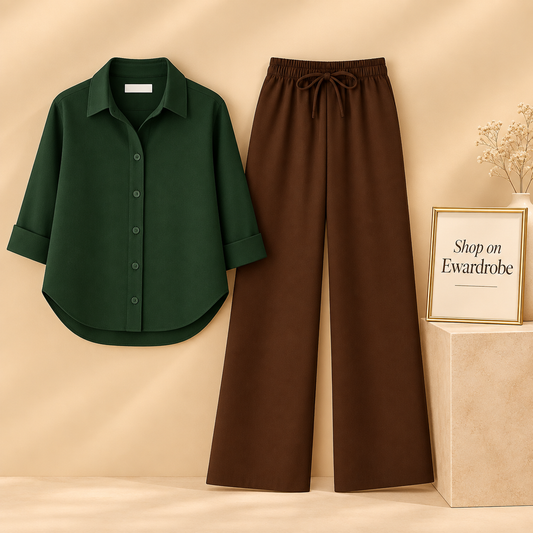 Bottle Green Button Down Shirt With Brown Flapper