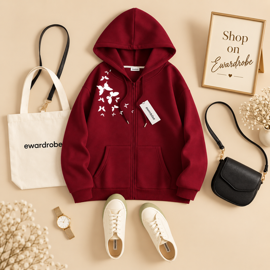 Maroon Zipper Hoodie Shoulder Butterfly