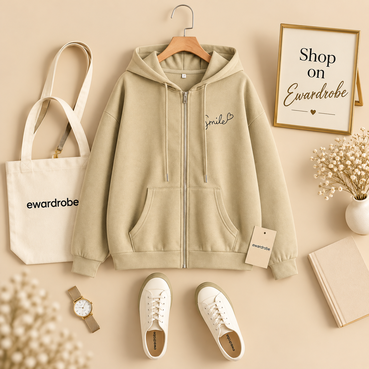 Beige Zipper Hoodie Smile Pocket
