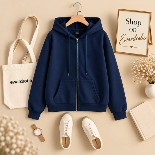 Basic Navy Blue Zipper Hoodie