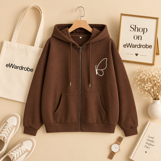 Brown Zipper Hoodie Pocket Cute Butterfly