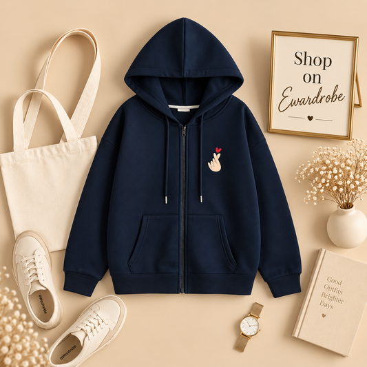 Navy Blue Zipper Hoodie Pocket Love Charm