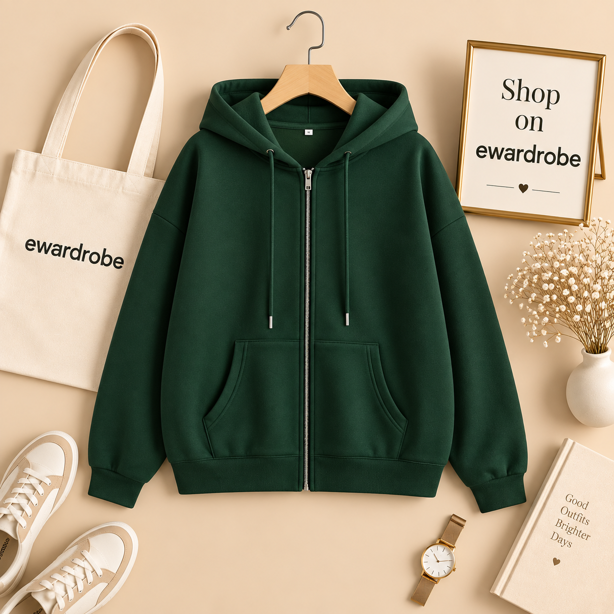 Basic Bottle Green Zipper Hoodie
