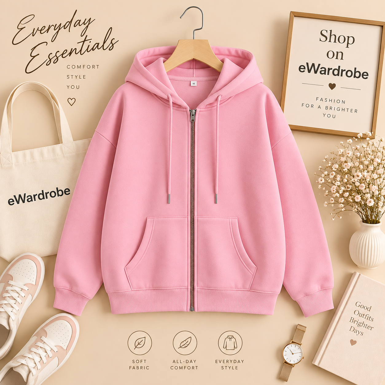 Basic Baby Pink Zipper Hoodie