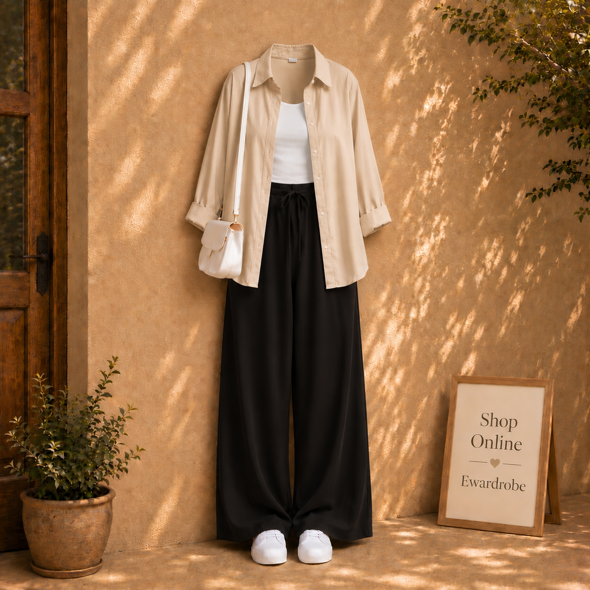 Beige Button Down Shirt With Black Flapper And White tanktop