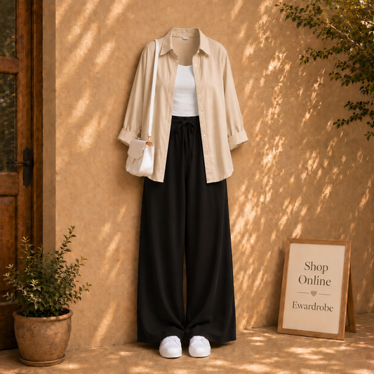 Beige Button Down Shirt With Black Flapper And White tanktop