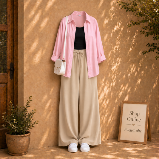 Baby Pink Button Shirt With Beige Flapper And Black Tank Top