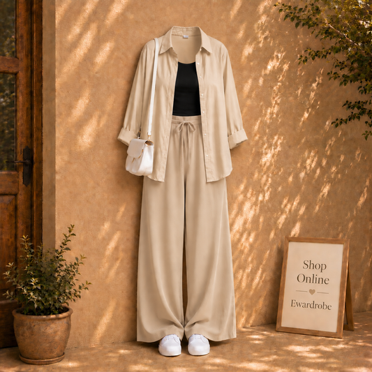 Beige Button Shirt With Beige Flapper And Black Tanktop