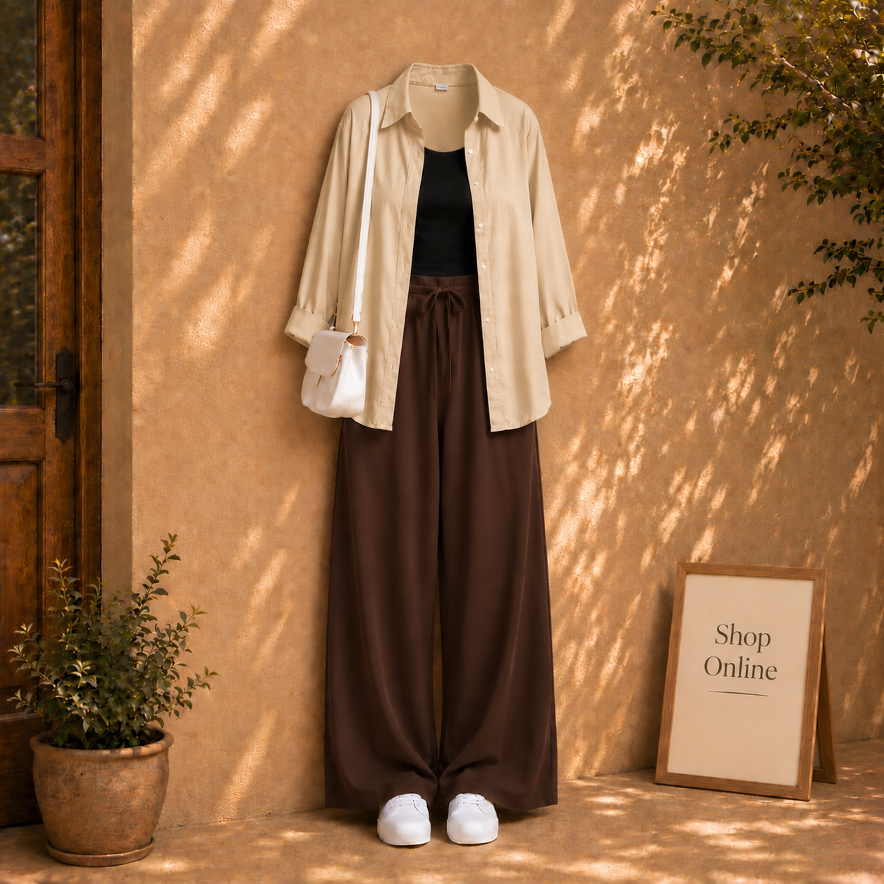 Beige Button Shirt With Brown Flapper And Black Tanktop