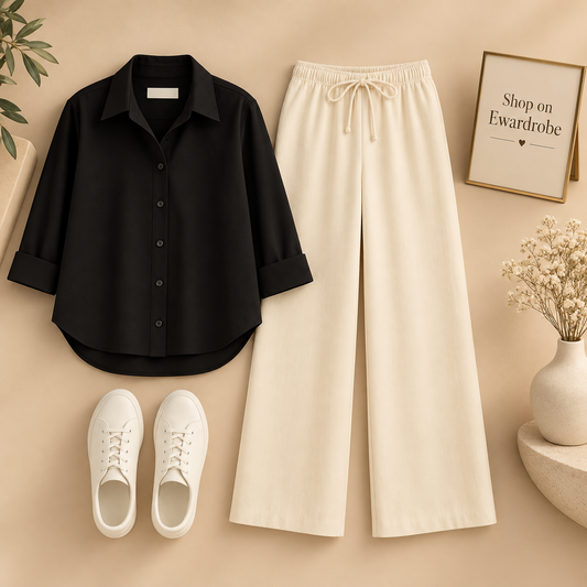 Black Button Down Shirt with Beige Flapper
