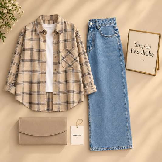 Beige Check Button Down Shirt With White Inner tee Ice Blue Wide Leg Jeans