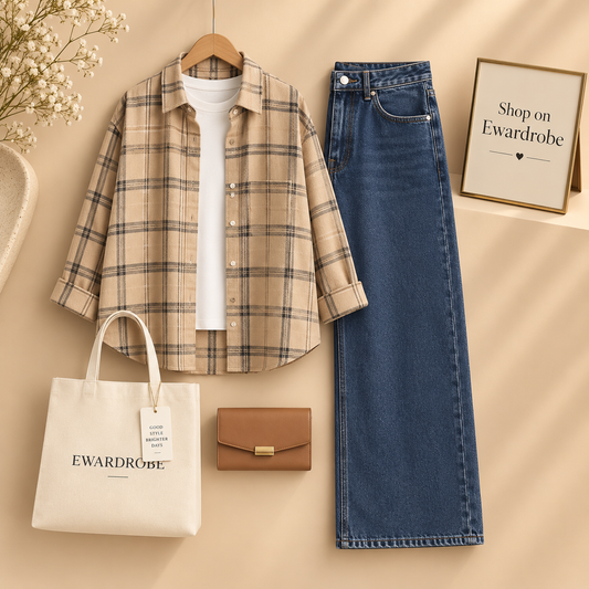 Beige Check Shirt With Inner Tee And Mid Blue Wide Leg Jeans