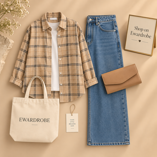 Beige Check Shirt With Inner Tee And Sky blue Wide Leg Jeans