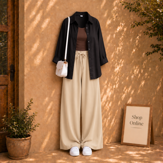 Black Button Down Shirt with Beige Flapper And Brown Tanktop