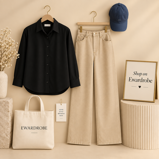 Black Button Down Shirt with Beige Wide Leg Jeans