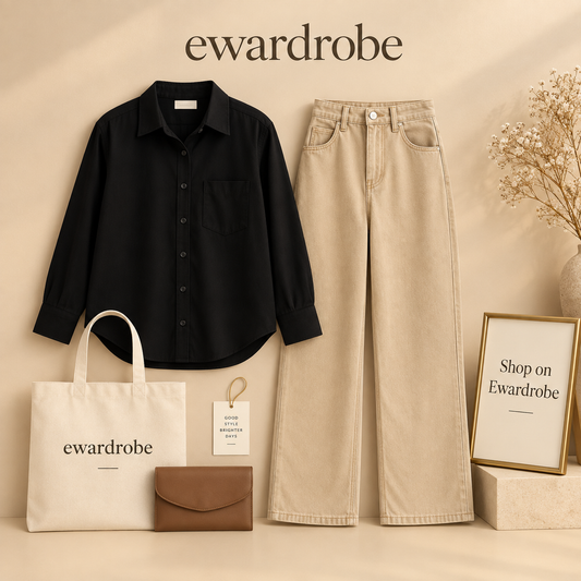 Black Button Down Shirt with Beige Wide Leg Jeans