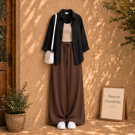 Black Button Down Shirt with Brown Flapper and Beige Tanktop