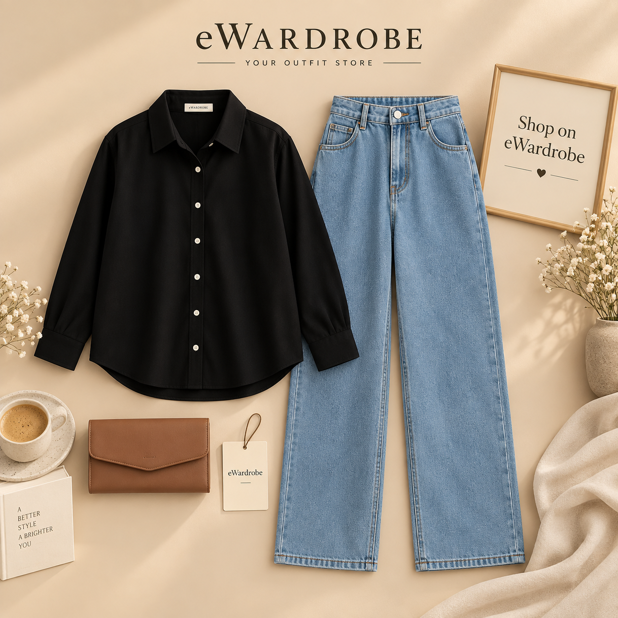 Black Button Down Shirt with Mid Blue Wide Leg Jeans