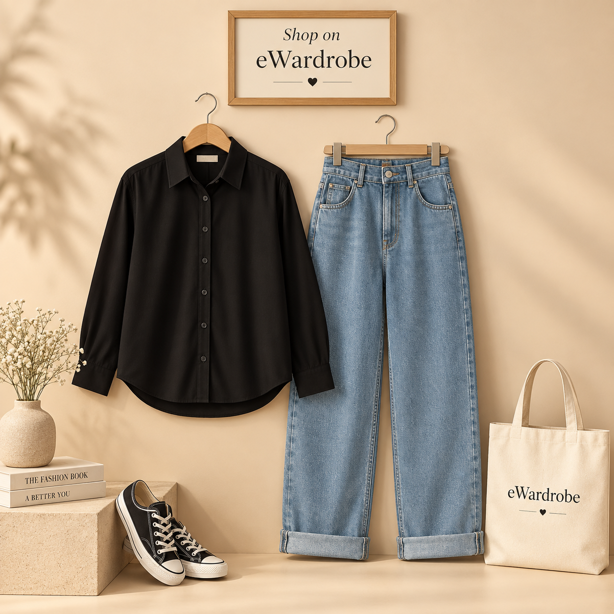 Black Button Down Shirt with Sky Blue Wide Leg Jeans