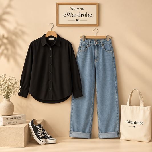 Black Button Down Shirt with Sky Blue Wide Leg Jeans