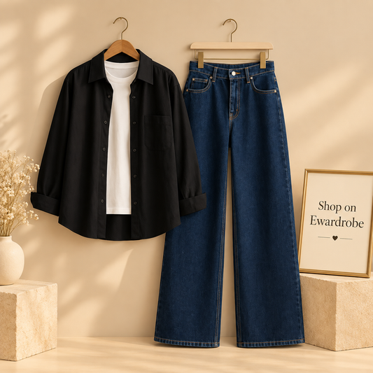 Black Button Down Shirt with White Iner Tee And Dark BlueWide Leg Jeans