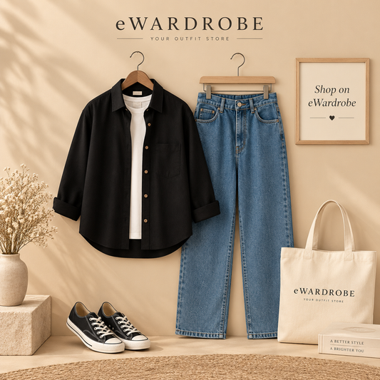 Black Button Down Shirt with White Inner Tee And Dark Blue Wide Leg Jeans