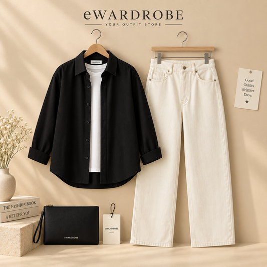 Black Button Down Shirt with White Inner Tee And White Wide Leg Jean
