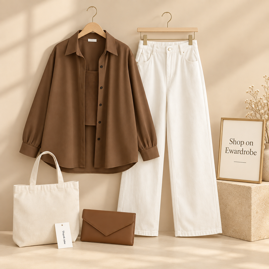 Coffee Brown Button Down Shirt with White Wide Leg Jeans