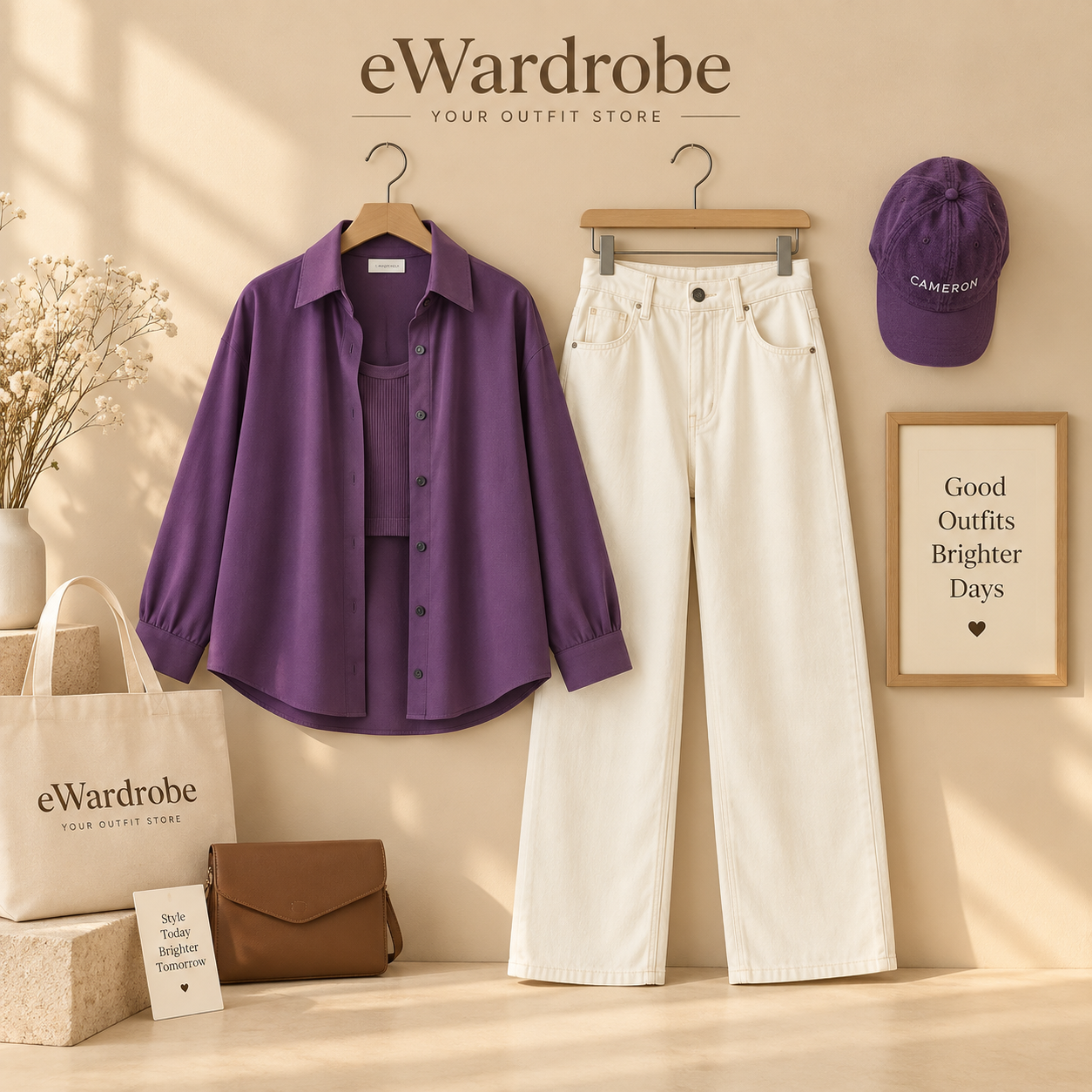 Purple Button Down Shirt With White Wide Leg Jeans