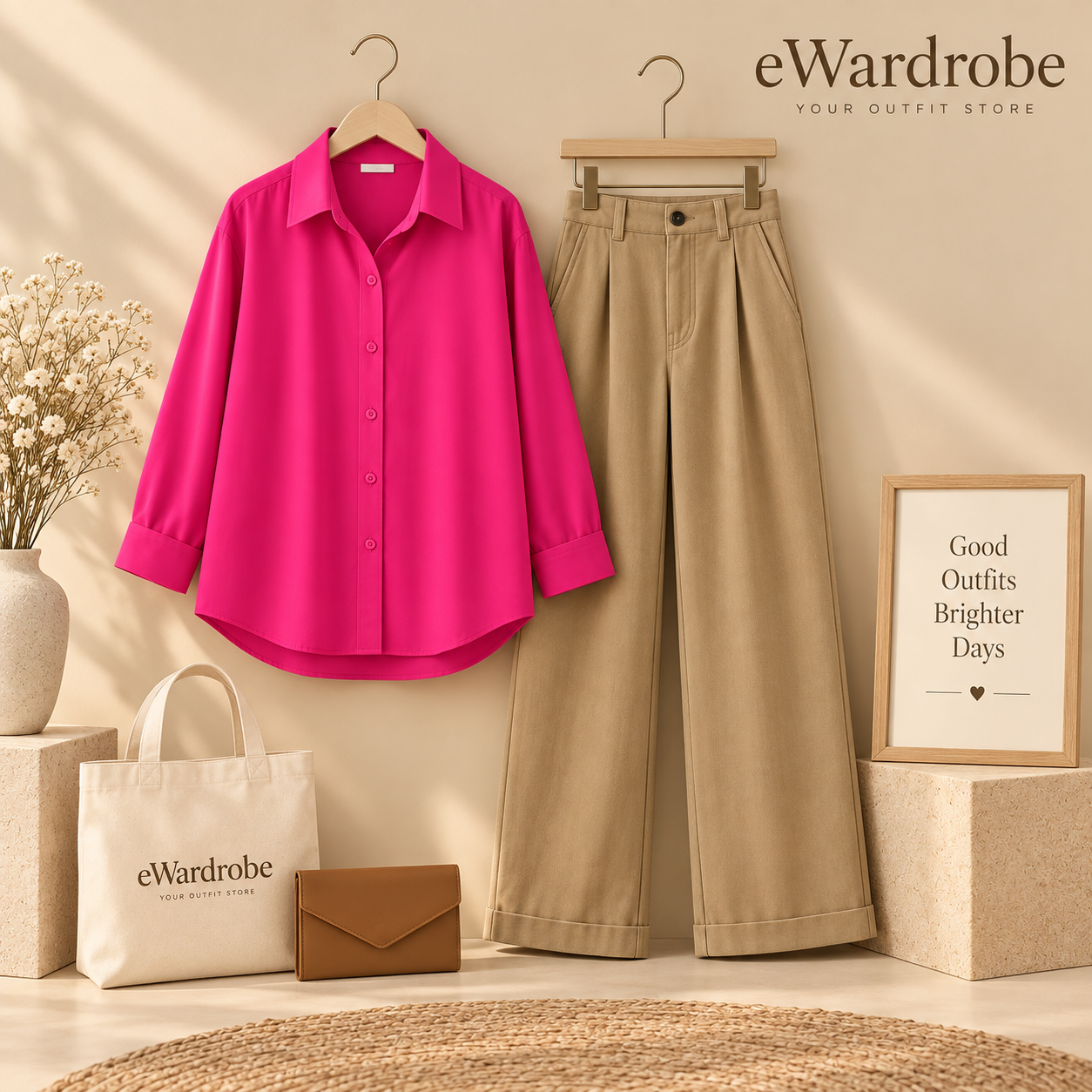 Shocking Pink Button Down Shirt With Beige Wide Leg Jeans